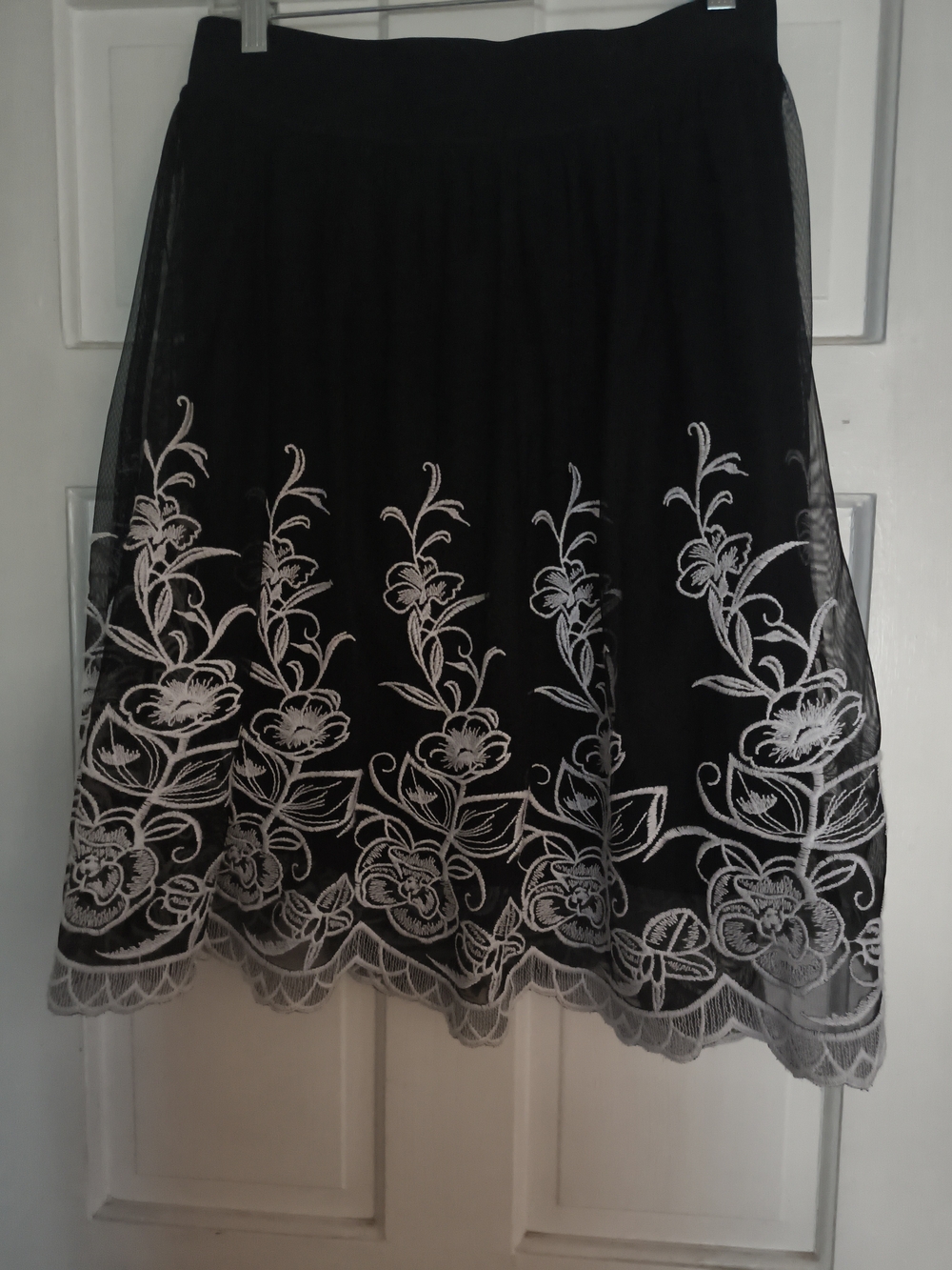 Alfani Black Circle Skirt with White Floral Embroidery Border